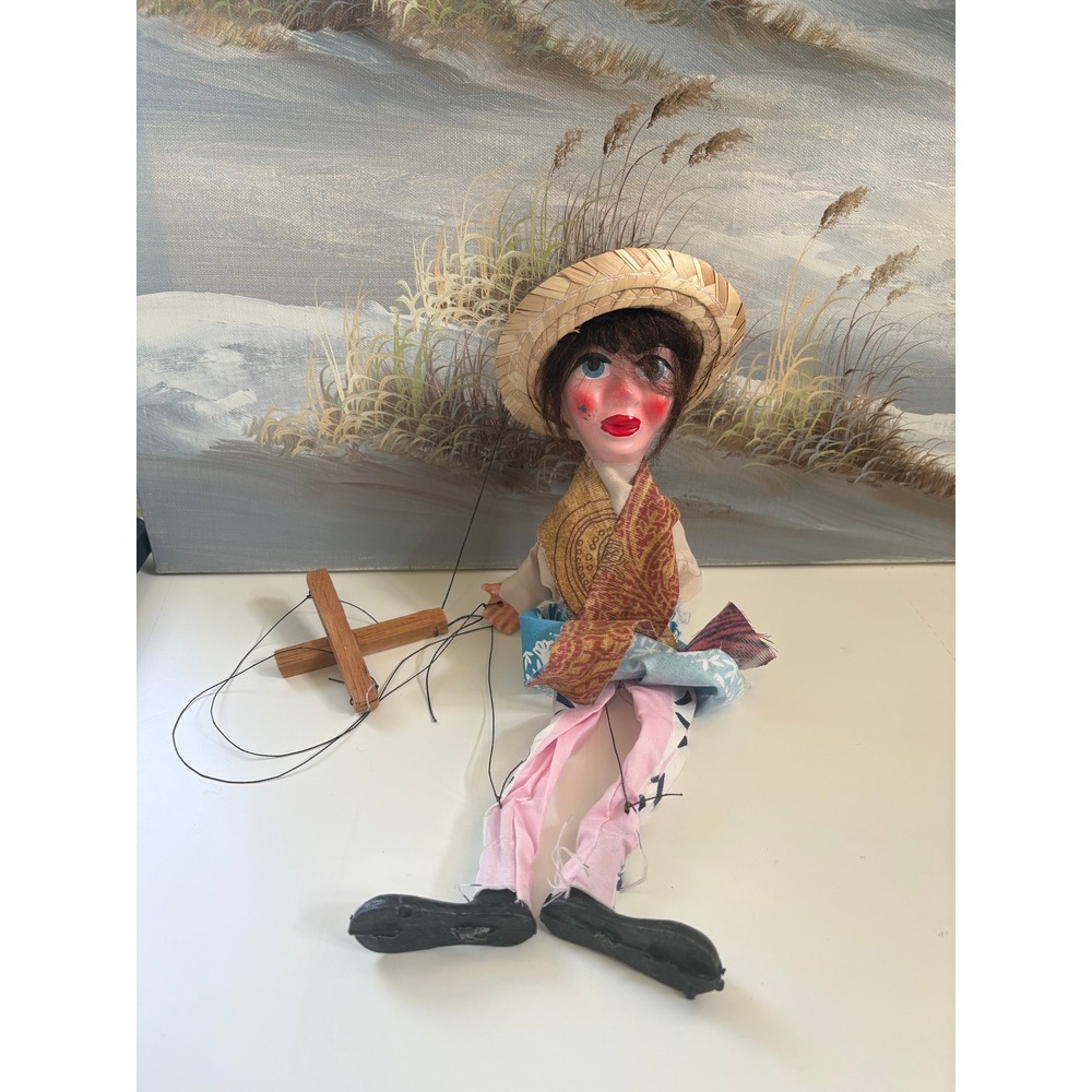 Vintage Handmade Marionette String Puppet Hand Painted Face Straw Hat 15 Inch